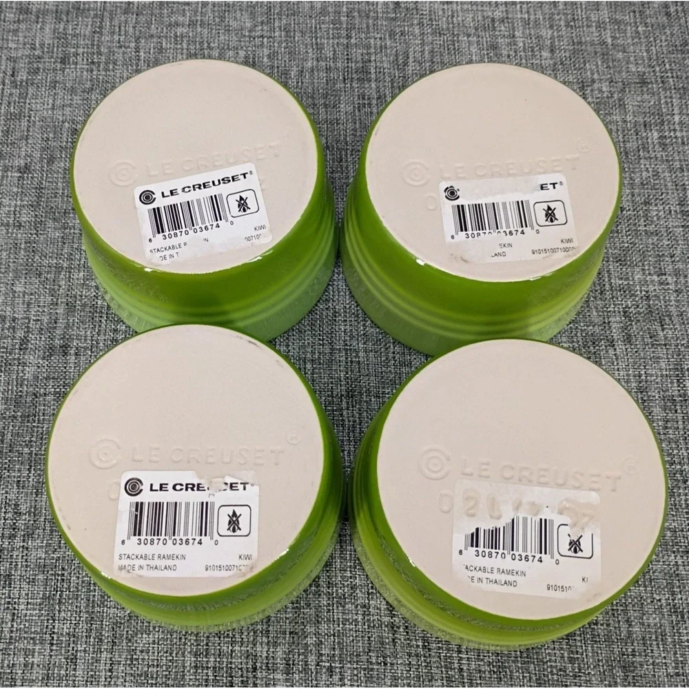 NOS 4 New Le Creuset Ramekins Ombre Kiwi 7 oz. Green Stackable Stoneware Serving